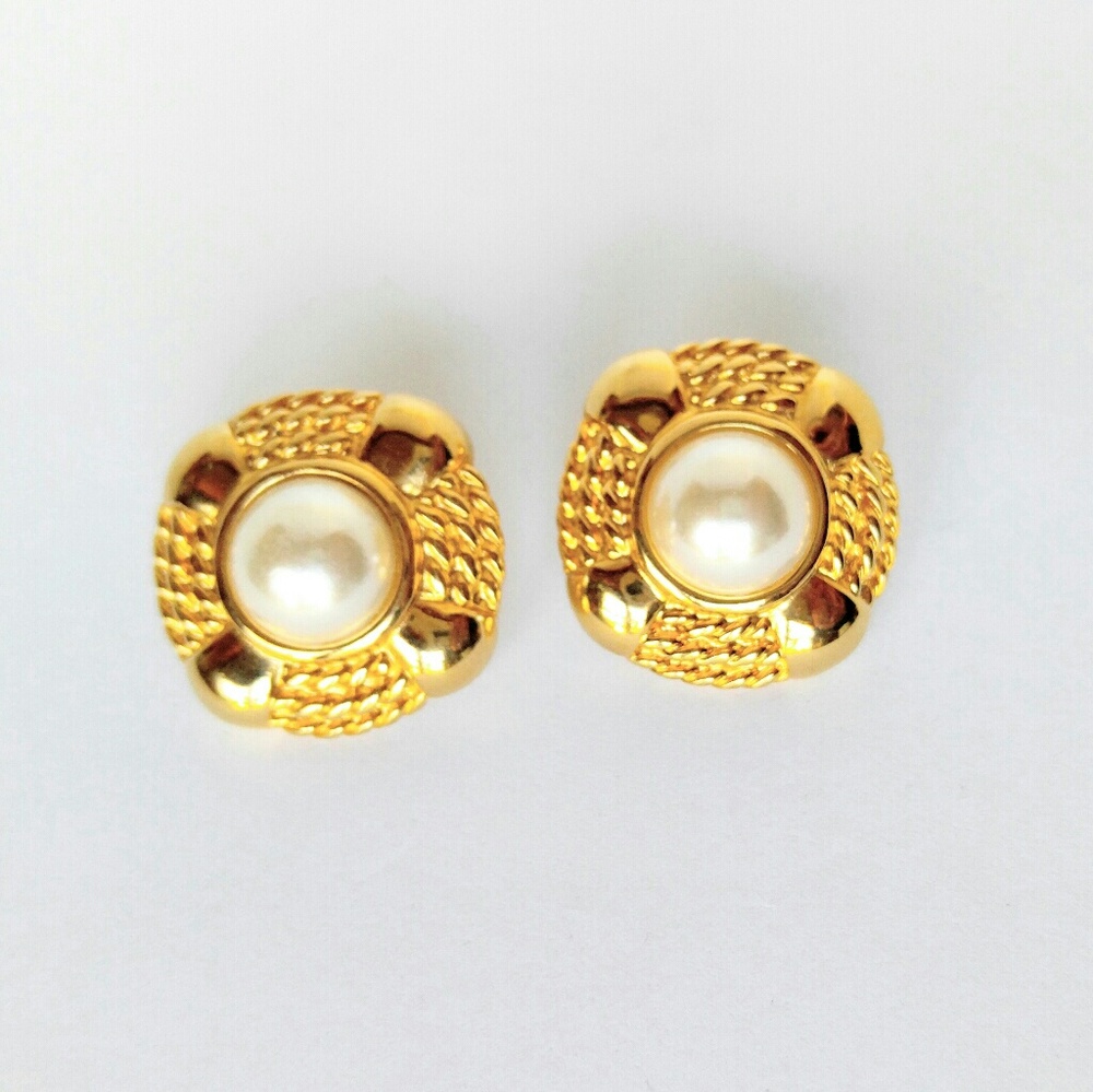 VINTAGE Signed JS Gold & Pearl Earrings-Rope - Picture 2 of 5
